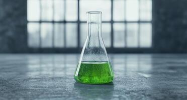Glassware with green liquid in laboratory setting photo