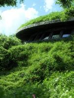 Lush green foliage surrounding a unique architectural structure photo