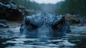 Menacing alligator eyes emerging from dark water photo