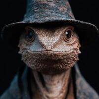 Closeup of a reptile with a hat photo