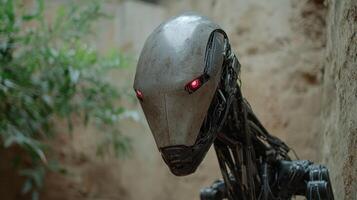 Futuristic robot with glowing red eyes photo