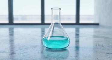Beaker with teal liquid in laboratory setting photo