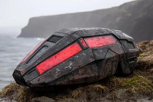 Futuristic spacecraft like object on a grassy cliff overlooking the ocean photo