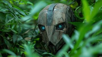 Mysterious robot face hidden in lush greenery photo
