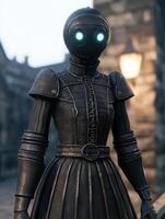 Mysterious robot figure with glowing eyes in a dark setting photo