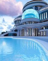 Futuristic architectural design with glass dome and pool photo