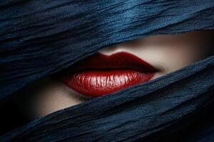 Mysterious lips peeking through dark fabric photo