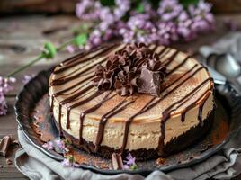 Decadent chocolate cheesecake with floral garnish photo