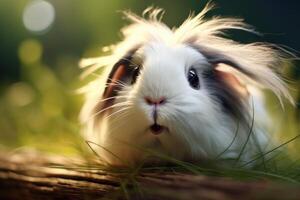 Fluffy white rabbit in nature photo