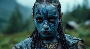 Mysterious alien like creature with blue skin and intricate face paint photo