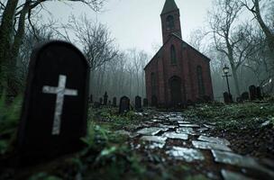 Mysterious gothic church in foggy forest photo