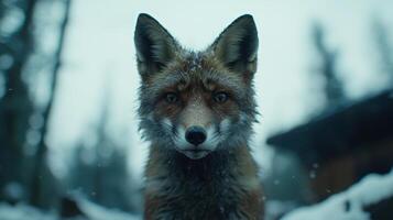 Captivating close up of a fox in a snowy forest photo