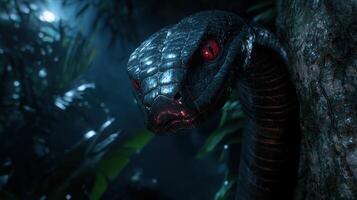 Menacing black snake with glowing red eyes in dark forest photo