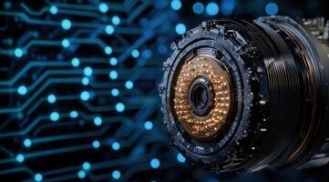 Futuristic camera lens with circuit board background photo