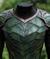 Intricate metallic armor with geometric patterns photo