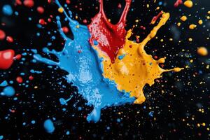 Colorful paint splashes on black background photo