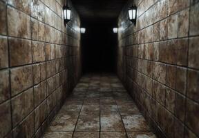 Mysterious dark hallway with stone walls and dim lighting photo