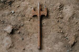 Rusty medieval style pitchfork on dirt ground photo