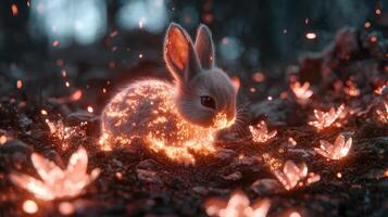 glowing rabbit in magical forest photo