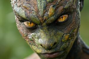 Close up of a mystical green creature with piercing yellow eyes photo
