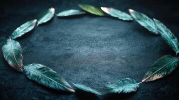 dark feather frame on slate background photo