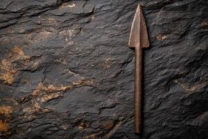 Primitive stone spearhead on dark slate background photo