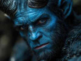 close up of a blue skinned creature with intense eyes photo