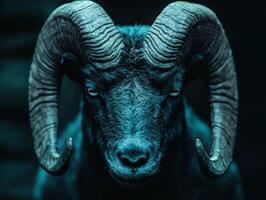close up portrait of a majestic ram with large curled horns photo