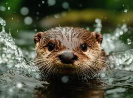 Cute otter swimming in water with splashes photo