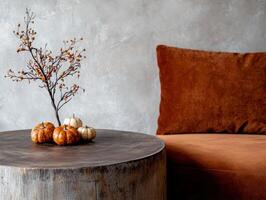 Cozy autumn decor with pumpkins and berries photo