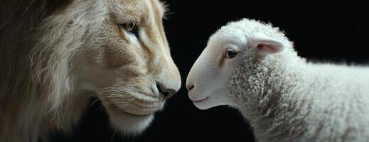 close up of a white lamb and a lion photo