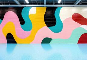 Vibrant abstract mural with colorful shapes and patterns photo