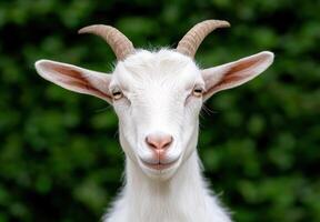 Closeup portrait of a white goat with horns photo