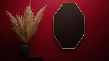 Elegant golden frame and pampas grass against red background photo