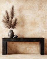Elegant minimalist decor with feathered vase and pumpkin photo