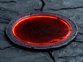glowing red coin on dark slate background photo