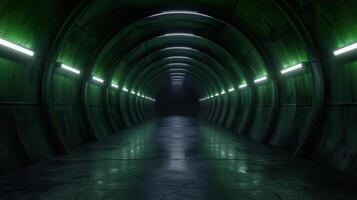 Futuristic sci fi tunnel with glowing green lights photo