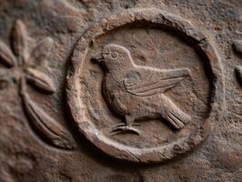 carved stone bird symbol on rock surface photo
