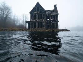 Abandoned house in the middle of a lake photo