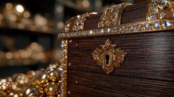 Ornate golden treasure chest with sparkling gems photo