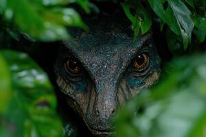Close up of a reptilian creature in a lush, green environment photo