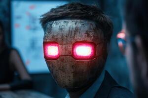 futuristic cyborg with glowing red eyes photo