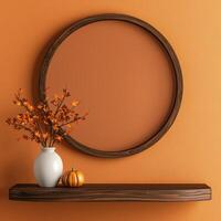 cozy autumn decor with round mirror and fall floral arrangement photo