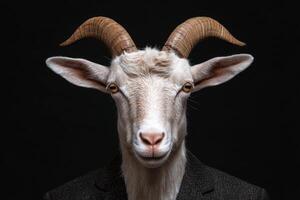 Close up portrait of a goat with horns against a dark background photo