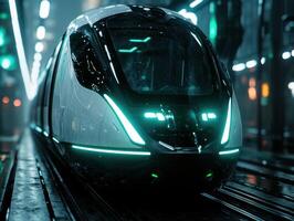 Sleek and futuristic train in a dark tunnel photo