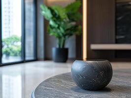 modern interior design with potted plant and marble table photo