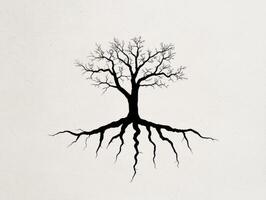 Silhouette of a bare tree with extensive roots photo