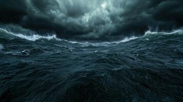 Stormy ocean waves crashing under dark clouds photo