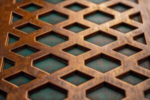 Intricate wooden lattice pattern with teal background photo