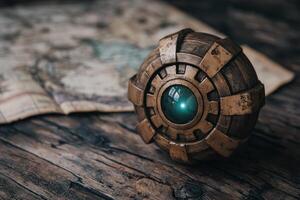 Mysterious glowing orb on old wooden surface photo